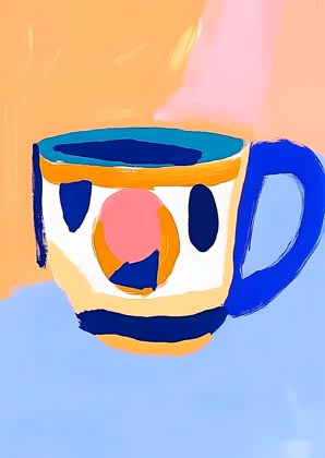 Colourful abstract illustration of a patterned mug painted in bold brushstrokes on a peach and blue background.