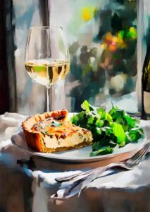 Painterly illustration of a slice of quiche, fresh greens, and a glass of white wine on a sunlit table beside a window.