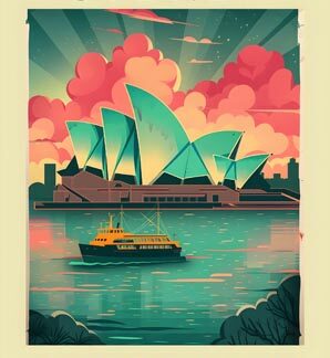 Vintage-style illustration of the Sydney Opera House at sunset with colourful sky and harbour reflections.
