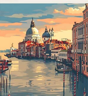 Vintage-style illustration of Venice’s Grand Canal at sunset with domes, reflections, and historic buildings.