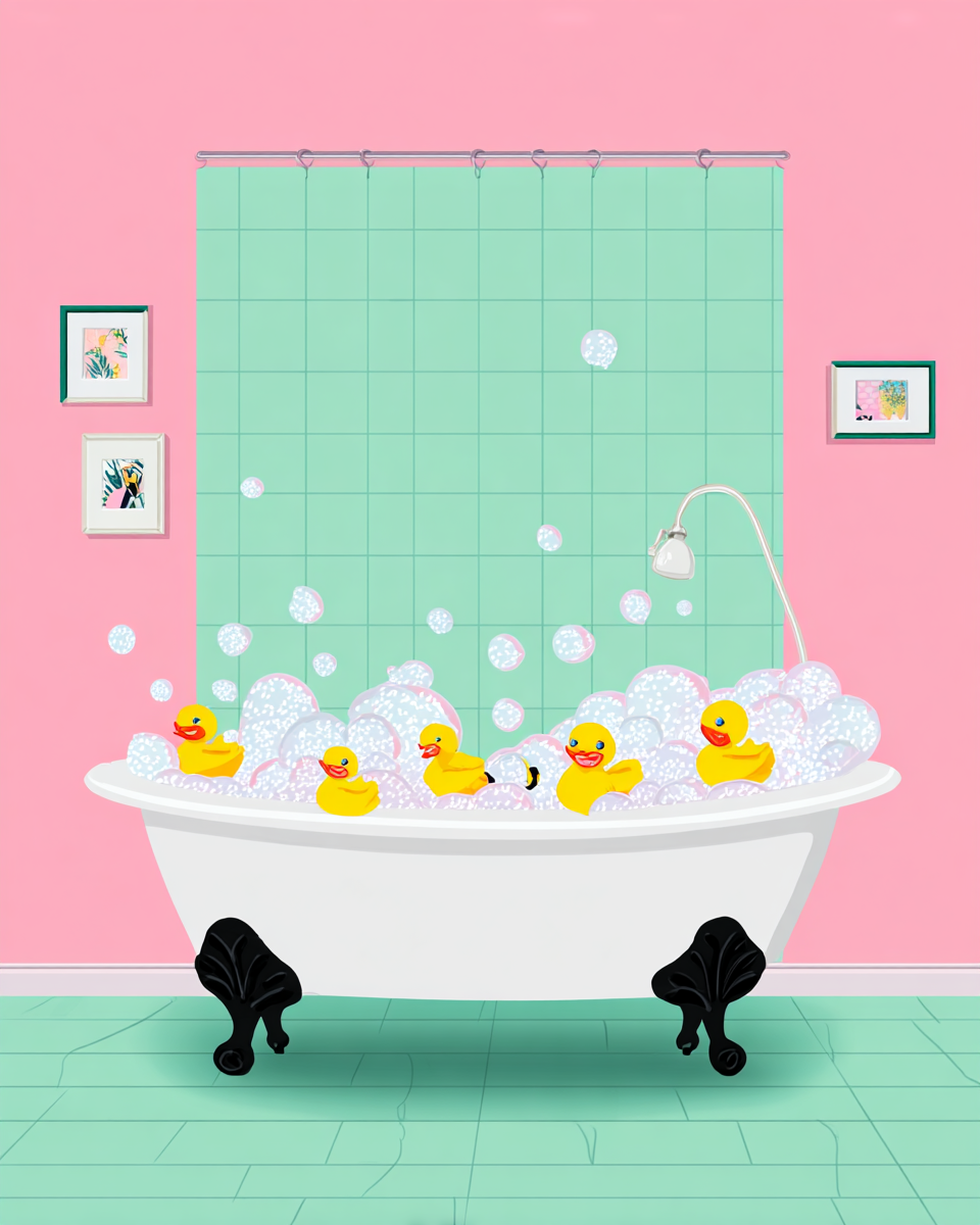 Illustration of yellow rubber ducks floating in a bubble-filled clawfoot bath set in a pink and mint green tiled bathroom.